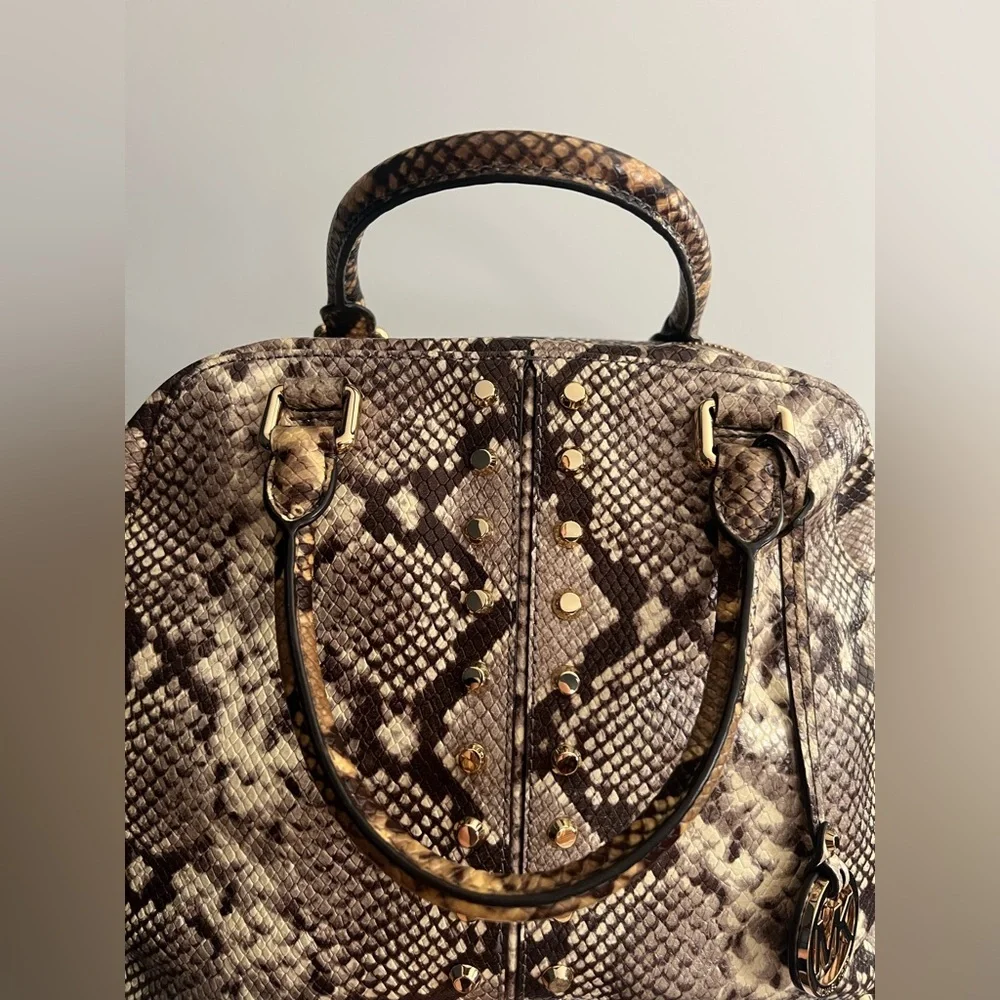 Michael Kors Astor Studded Snake-Embossed Leather Satchel handbag